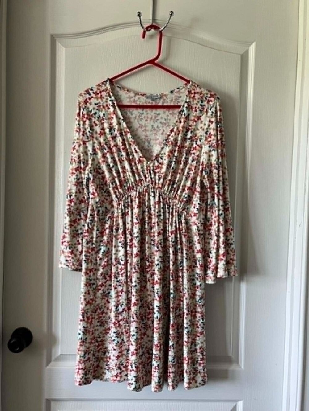 Vintage White Birch V-neck Floral Mini Dress Wide Sleeves Made in USA size Large